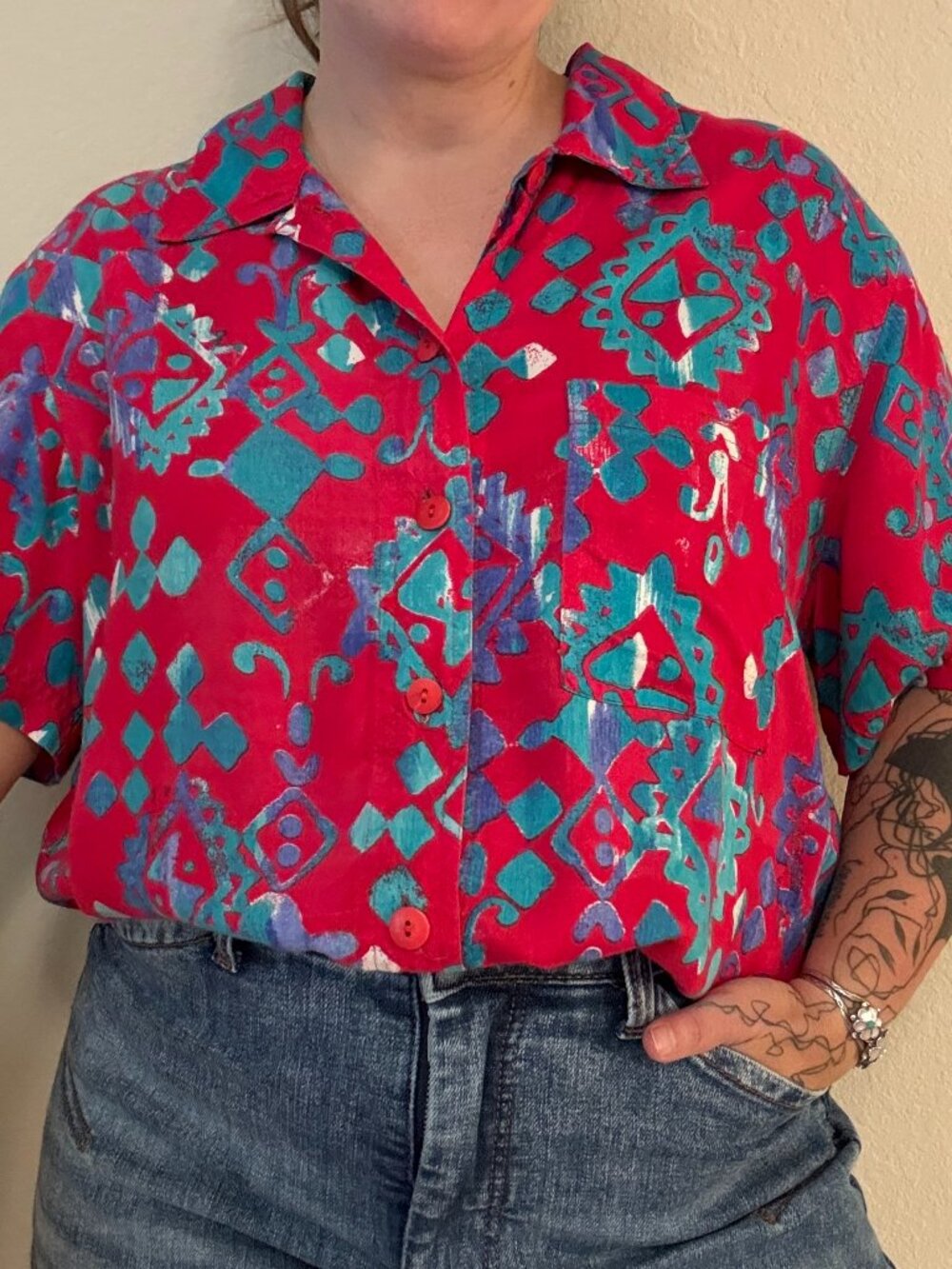 PRICE FIRM Vintage 90s CM Shapes Printed Casual Short Sleeve Button Down Shirt